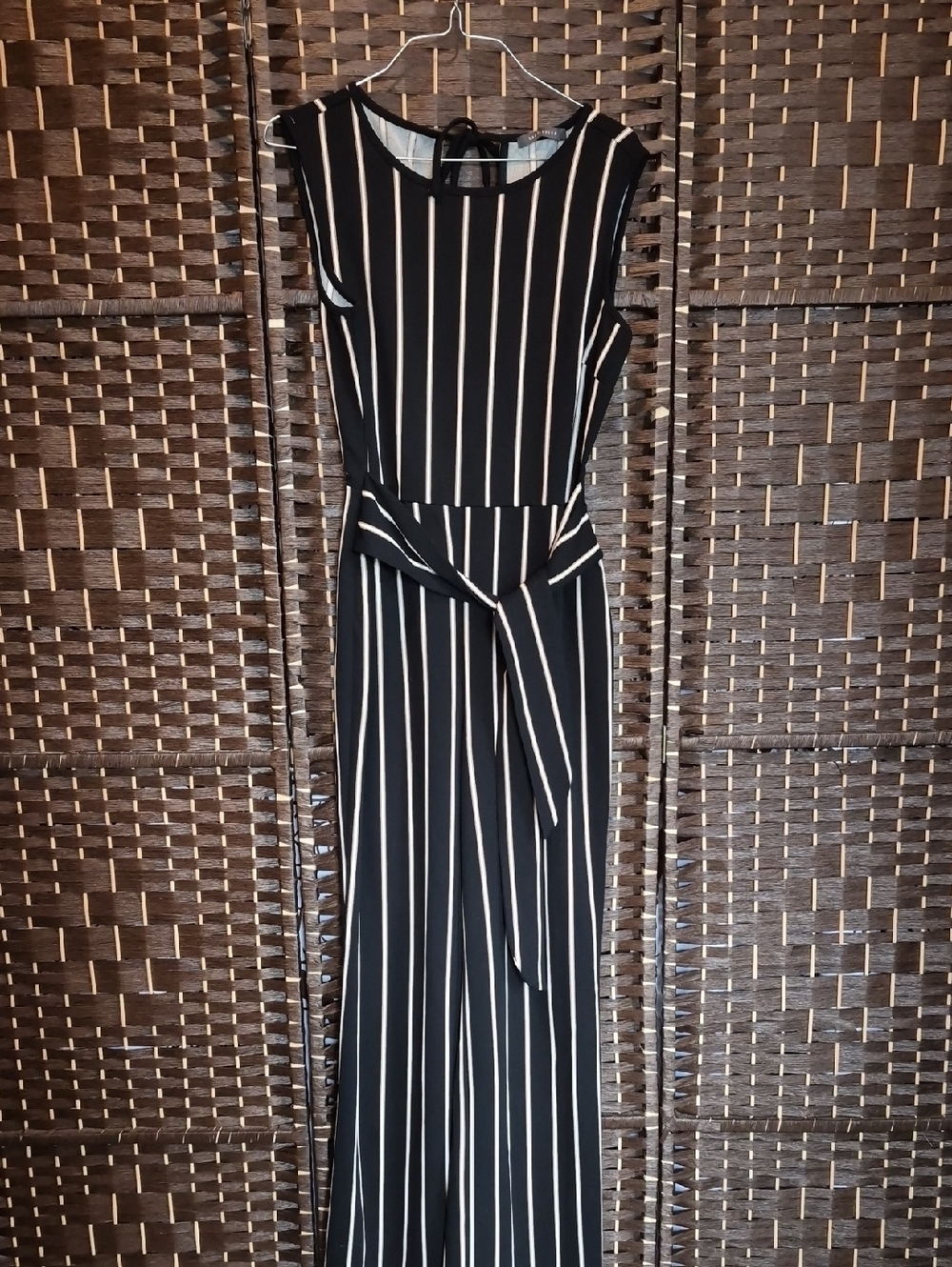 Suzy Shier Black Maxi Jumpsuit with White Stripes and Waist Tie